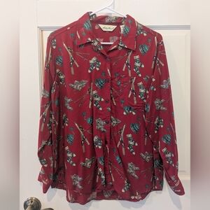 Eddie Bauer Red Ski Themed Button Down Shirt, Size Petite Large